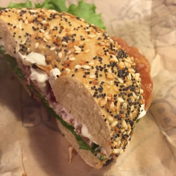 Blazing Bagels - Everything bagel toasted with light cream cheese, turkey breast, lettuce tomato bacon pickle and olive. WUT. - Bagels Near Me - Bellevue, Washington