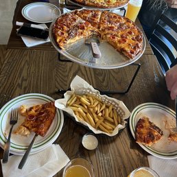 Pizzas, beers, fries. Yum. Pizzas, beers, fries. Yum.