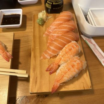 Musashi's - Fresh Salmon Sushi, and Prawn Sushi, both given to make up for missing nigiri in the dinner special - Japanese Near Me - Hillsboro, Oregon Musashi's - Fresh Salmon Sushi, and Prawn Sushi, both given to make up for missing nigiri in the dinner special - Japanese Near Me - Hillsboro, Oregon