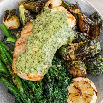 Pacific Catch - Salmon Fresh Catch w/ Chimichurri Sauce, Thai Brussels Sprouts & Miso-Butter Broccolini ($28) - Seafood Near Me - Sunnyvale, California Pacific Catch - Salmon Fresh Catch w/ Chimichurri Sauce, Thai Brussels Sprouts & Miso-Butter Broccolini ($28) - Seafood Near Me - Sunnyvale, California