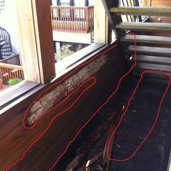 Private I. Home Inspections - discoloration of rotten wood outlined. the boards came apart when pulled on with two fingers. protruding membrane on the floor. - Home Inspectors Near Me Private I. Home Inspections - discoloration of rotten wood outlined. the boards came apart when pulled on with two fingers. protruding membrane on the floor. - Home Inspectors Near Me