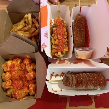 Two Hands Corn Dogs - Oxnard - Spicy Dog w spicy sauce drizzled, potato dog along w Kimchi Seasoning Fries & Dirty Fries are really good especially the tator tots 4.02.23 - Fast Food Near Me - Oxnard, California Two Hands Corn Dogs - Oxnard - Spicy Dog w spicy sauce drizzled, potato dog along w Kimchi Seasoning Fries & Dirty Fries are really good especially the tator tots 4.02.23 - Fast Food Near Me - Oxnard, California