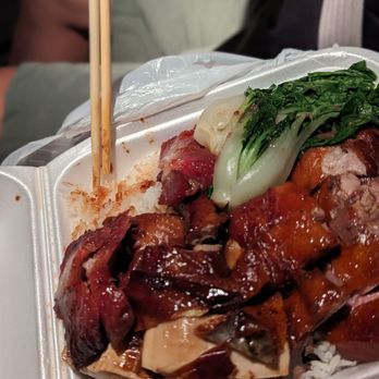 Chubby Boy Bbq - 3 meats rice and veggies combo dish. I asked the staff what's the best 3 for the day. - Barbeque Near Me - Las Vegas, Nevada