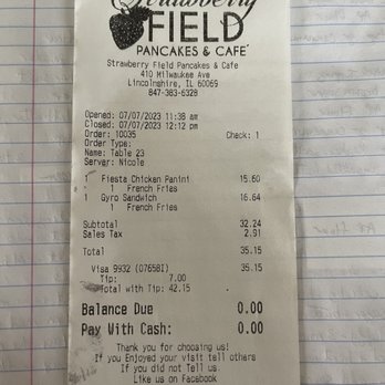 Strawberry Field Cafe - Our bill without the discount! - Breakfast & Brunch Near Me - Lincolnshire, Illinois Strawberry Field Cafe - Our bill without the discount! - Breakfast & Brunch Near Me - Lincolnshire, Illinois
