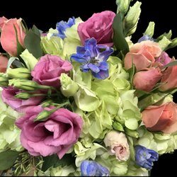 Silver Fox Florist - Green hydrangeas, pink lizzy, peach spray roses blue delf.
