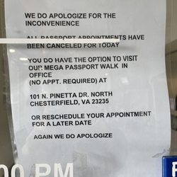 US Post Office - We were sent an email today to confirm our 3 passport appts that started at 2:15. We arrived to this sign on the door no text etc