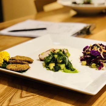 Dish Cooking Studio - Deep fried zucchini medallions, chimichurri with chicken and slaw, plated by one team in Iron Chef competition - Cooking Classes Near Me - Toronto, Ontario