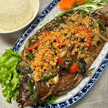 Boun Bistro - Fried whole tilapia with garlic basil sauce - Thai Near Me - Fort Worth, Texas Boun Bistro - Fried whole tilapia with garlic basil sauce - Thai Near Me - Fort Worth, Texas
