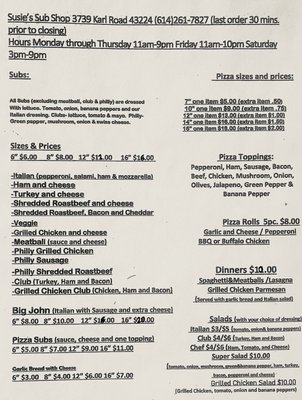 Menu photo 2 Susie's Sub Shop Columbus, OH