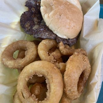 Eats Burgers - Burger with grilled onions and onion rings - Burgers Near Me - Fredericksburg, Virginia Eats Burgers - Burger with grilled onions and onion rings - Burgers Near Me - Fredericksburg, Virginia