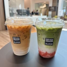 Oat milk latte and strawberry matcha w/ oat milk Oat milk latte and strawberry matcha w/ oat milk
