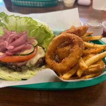 Paradise Valley Burger - PV Burder in lettuce wrap with fries and a few OR.  These fries are delicious!!! - Burgers Near Me - Tempe, Arizona
