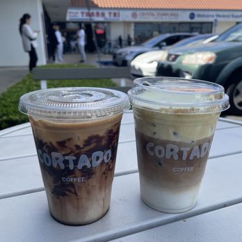 Cortado Coffee - iced monkey mocha latte (left), iced pistachio cream latte (right) - Coffee & Tea Near Me - Garden Grove, California