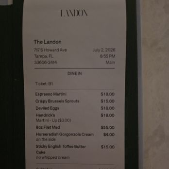 The Landon - 2026-7-2 Receipt - American Near Me - Tampa, Florida The Landon - 2026-7-2 Receipt - American Near Me - Tampa, Florida