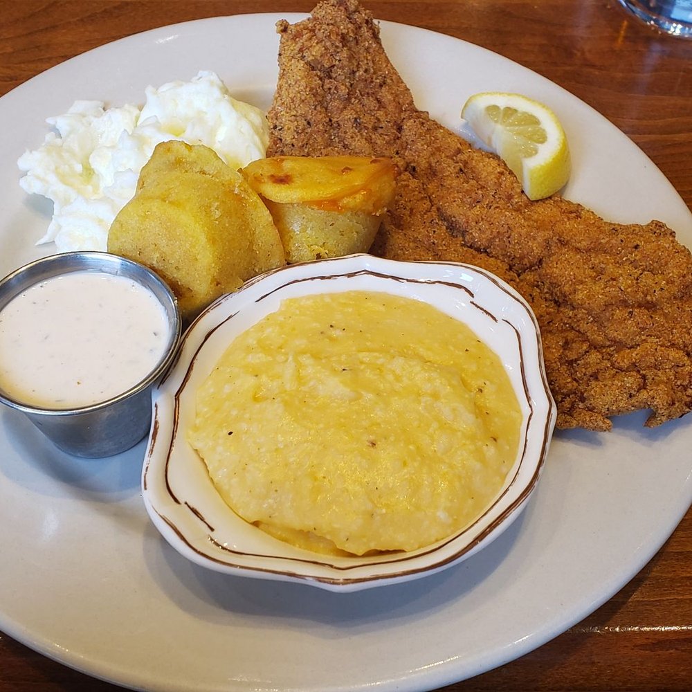 Wishbone - Southern Style Fried Catfish, cheese grits, egg whites, and corn muffin. - Breakfast & Brunch Near Me - Chicago, Illinois Wishbone - Southern Style Fried Catfish, cheese grits, egg whites, and corn muffin. - Breakfast & Brunch Near Me - Chicago, Illinois