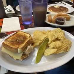 Kerrie's on Broadway - Kerrie's Melt, Mozzarella Sticks with Melba, and Blueberry Muffin Pancakes