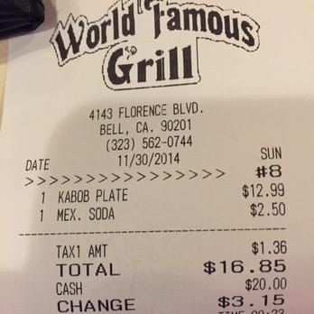 World Famous Grill - The damage. - Halal Near Me - Bell, California World Famous Grill - The damage. - Halal Near Me - Bell, California