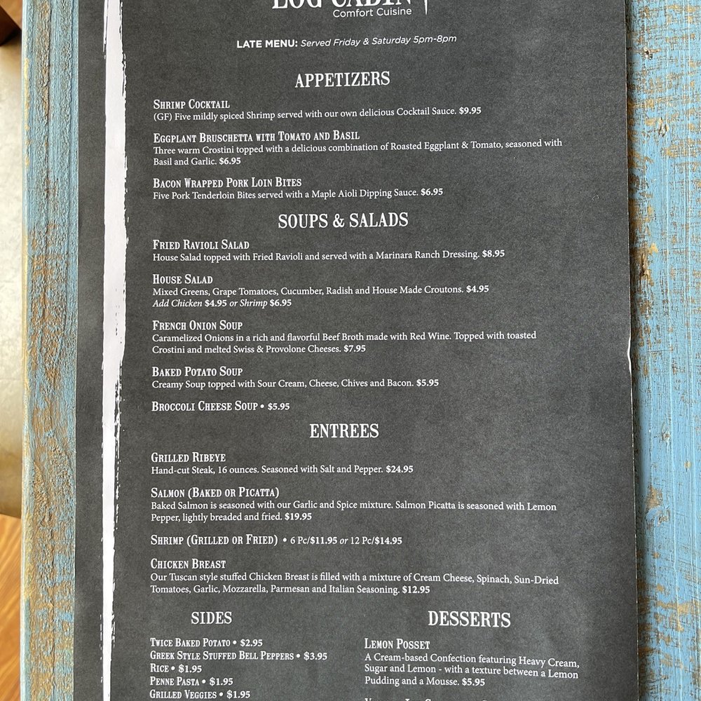 Edom Log Cabin - The Dinner Menu - Comfort Food Near Me - Edom, Texas