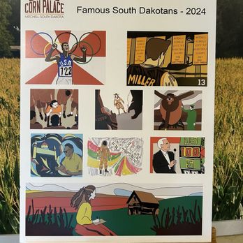 Corn Palace - 2024 artwork designs - The poster showcases various illustrations celebrating the Corn Palace in Mitchell, South Dakota, with the title 'Famous South Dakotans - 2024.' It includes artwork of an athlete with Olympic rings, a person with a baseball cap, a cowboy, a person in sunglasses, a performer with a microphone, and a woman sitting outdoors near a barn. The poster emphasizes the cultural and historical significance of the Corn Palace and its annual themed artwork. - Museums Near Me - Mitchell, South Dakota