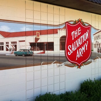 Christine Curry Art - Mural at the Redlands Salvation Army store depicting historical buildings of the Salvation Army. - Commissioned Artists Near Me Christine Curry Art - Mural at the Redlands Salvation Army store depicting historical buildings of the Salvation Army. - Commissioned Artists Near Me