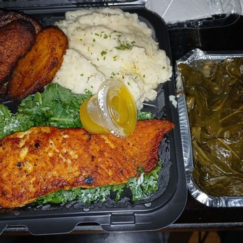 Cooklyn Eats - Salmon platter with mashed potatoes  and plantain .  Side order of greens. - Soul Food Near Me - Brooklyn, New York