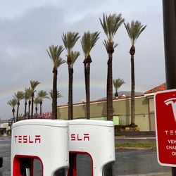 Tesla Supercharger-Lake Elsinore - Tesla beneath the rainbow