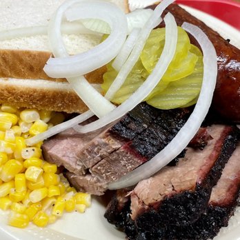 Lum's - Two meat plate with brisket, sausage, cream corn, and pasta salad - Barbeque Near Me - Junction, Texas