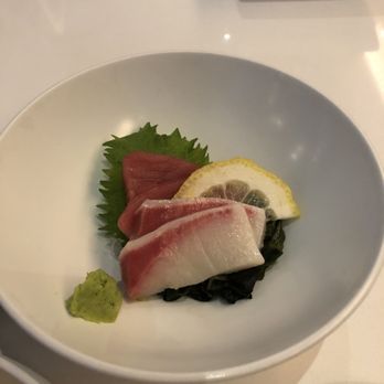 Miku - Hamachi and tuna sashimi and shiso leaf which I ate. - Japanese Near Me - Toronto, Ontario Miku - Hamachi and tuna sashimi and shiso leaf which I ate. - Japanese Near Me - Toronto, Ontario