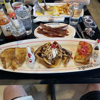 Breakfast Republic - French Toast Sampler w/ Brioche, Banana Split and Strawberry Mascarpone...and a side of "Jurassic Pork" - Breakfast & Brunch Near Me - Palm Desert, California