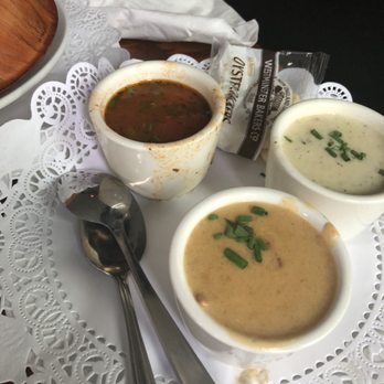 Inlet Cafe - Soup sampler...Lobster Bisque, Manhattan Clam and New England Clam chowder - Seafood Near Me - Highlands, New Jersey Inlet Cafe - Soup sampler...Lobster Bisque, Manhattan Clam and New England Clam chowder - Seafood Near Me - Highlands, New Jersey