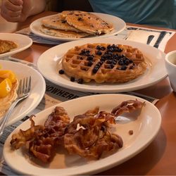 The Middle of Nowhere Diner - Pancake with peaches, French toast with fresh strawberries, waffle with fresh blueberries, bacon