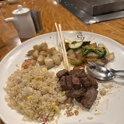 Steak and scallops with fried rice