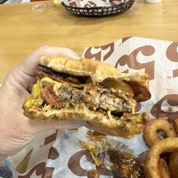 Hwy 55 - The bbq bacon burger and I think it may have had chili on it? This was the "small version" and I could only eat half! - Ice Cream & Frozen Yogurt Near Me - Wylie, Texas Hwy 55 - The bbq bacon burger and I think it may have had chili on it? This was the "small version" and I could only eat half! - Ice Cream & Frozen Yogurt Near Me - Wylie, Texas