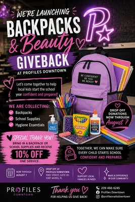 Backpacks & Beauty Giveback! 🎒💜 - “No child should have to start school unprepared.”
That’s why we are so excited to launch our Backpacks & Beauty Giveback 🎒💜
At Profiles Downtown, we believe beauty is more than what we do — it’s how we show up for our community.
From now until August 7, we’re collecting backpacks, school supplies, and hygiene essentials to help local kids start the school year feeling confident and prepared.
As a thank-you, anyone who donates will receive 10% off one service ✨
Let’s come together and make a difference for families right here in our community. Every little bit helps.
Drop off at Profiles Downtown 💜
📍 First Street, Fort Myers
📅 School starts August 11
Help us fill these backpacks! Backpacks & Beauty Giveback! 🎒💜 - “No child should have to start school unprepared.”
That’s why we are so excited to launch our Backpacks & Beauty Giveback 🎒💜
At Profiles Downtown, we believe beauty is more than what we do — it’s how we show up for our community.
From now until August 7, we’re collecting backpacks, school supplies, and hygiene essentials to help local kids start the school year feeling confident and prepared.
As a thank-you, anyone who donates will receive 10% off one service ✨
Let’s come together and make a difference for families right here in our community. Every little bit helps.
Drop off at Profiles Downtown 💜
📍 First Street, Fort Myers
📅 School starts August 11
Help us fill these backpacks!
