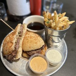 Stack 571 Burger and Whiskey Bar - Burger dip, au jus and Parmesan truffle fries