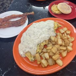Frittatas Restaurant - Jumbo Idaho Omelette Side of bacon and home fries English muffin