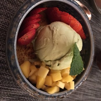 Sushi Hachi - Dessert: green tea creme brûlée beneath green tea ice cream, mango, and strawberries - Sushi Bars Near Me - Washington, DC, District of Columbia