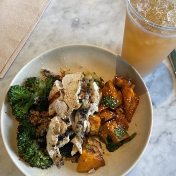 Flower Child - Broccoli with Parmesan, Chicken, Red Chile Glazed Sweet Potato, Iced Tea - Vegetarian Near Me - Dallas, Texas