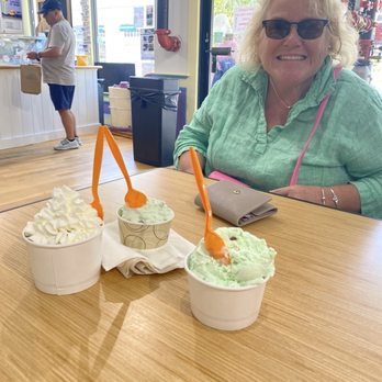 Mad Martha's Ice Cream - Enjoying Pistachio, Mint Chip and Mud Pie (hidden beneath the wonderful whipped cream) - Ice Cream & Frozen Yogurt Near Me - Edgartown, Massachusetts