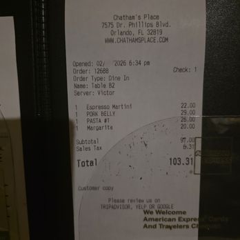 Chatham's Place Restaurant - 2026-2 Receipt - Desserts Near Me - Orlando, Florida