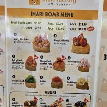 Inari Factory - Inari Bomb menu as of 21 MAR 2025 - Japanese Near Me - Honolulu, Hawaii