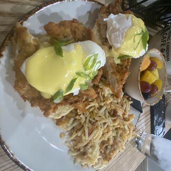 Young Cardinal Cafe - Fried chicken Benedict with side of fruit and hashbrowns - Breakfast & Brunch Near Me - Winston-Salem, North Carolina