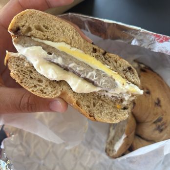Dan’s Bagels - Chocolate chip bagel, sausage egg and cheese - Bagels Near Me - Trophy Club, Texas Dan’s Bagels - Chocolate chip bagel, sausage egg and cheese - Bagels Near Me - Trophy Club, Texas