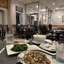 Restaurant inside. Duck tongue snow pea sprouts rice noodles Restaurant inside. Duck tongue snow pea sprouts rice noodles