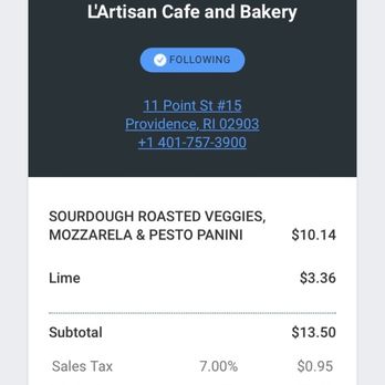 L’artisan Cafe & Bakery - Receipt 3.36 for a seltzer?! - Cafes Near Me - Providence, Rhode Island