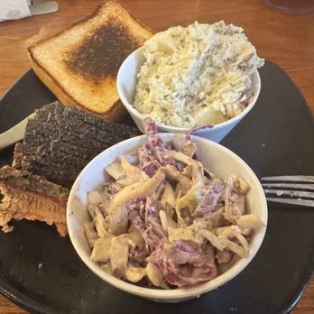 Hatchet House BBQue - Sliced brisket with potato salad and coleslaw - Barbeque Near Me - Graham, Texas