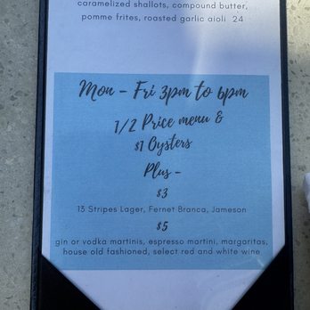Larkin's - Menu saying $1 oysters and half price menu - Steakhouses Near Me - Greenville, South Carolina Larkin's - Menu saying $1 oysters and half price menu - Steakhouses Near Me - Greenville, South Carolina