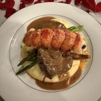 Chef’s House - Center Cut Black Angus Filet Mignon with a Lemon Butter Poached Lobster Tail in a Port Wine Demi-Reduction - French Near Me - Roanoke, Texas Chef’s House - Center Cut Black Angus Filet Mignon with a Lemon Butter Poached Lobster Tail in a Port Wine Demi-Reduction - French Near Me - Roanoke, Texas