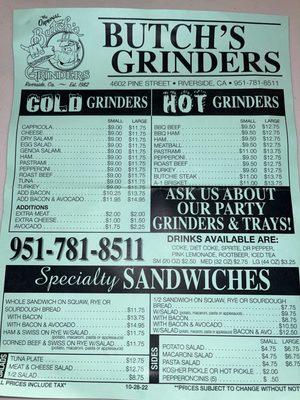 Menu photo 5 Butch's Grinders Riverside, CA