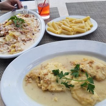 F & J Pine - Pappardelle Carbonara (left) And Chicken Francese (right) and Drink is The Vespa - Italian Near Me - Bronx, New York